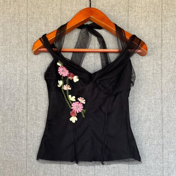 Vintage Y2K Charlotte Russe Black Tulle Satin Floral Applique Off Shoulder Top - Picture 1 of 15